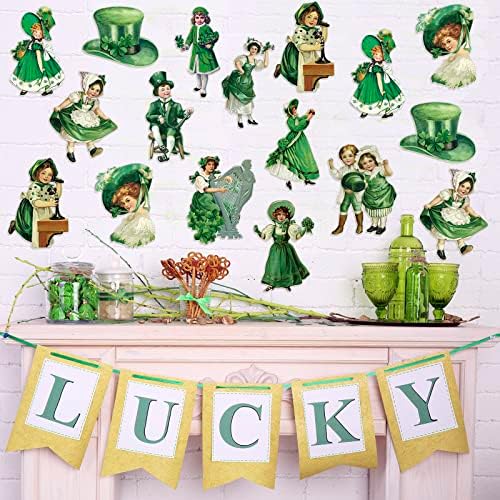72 Pcs Vintage St Patricks Day Cutouts Retro St Patricks Day Decor Green Shamrock Paper Cutouts for Irish Holiday Party Bulletin Board Classroom Decorations 